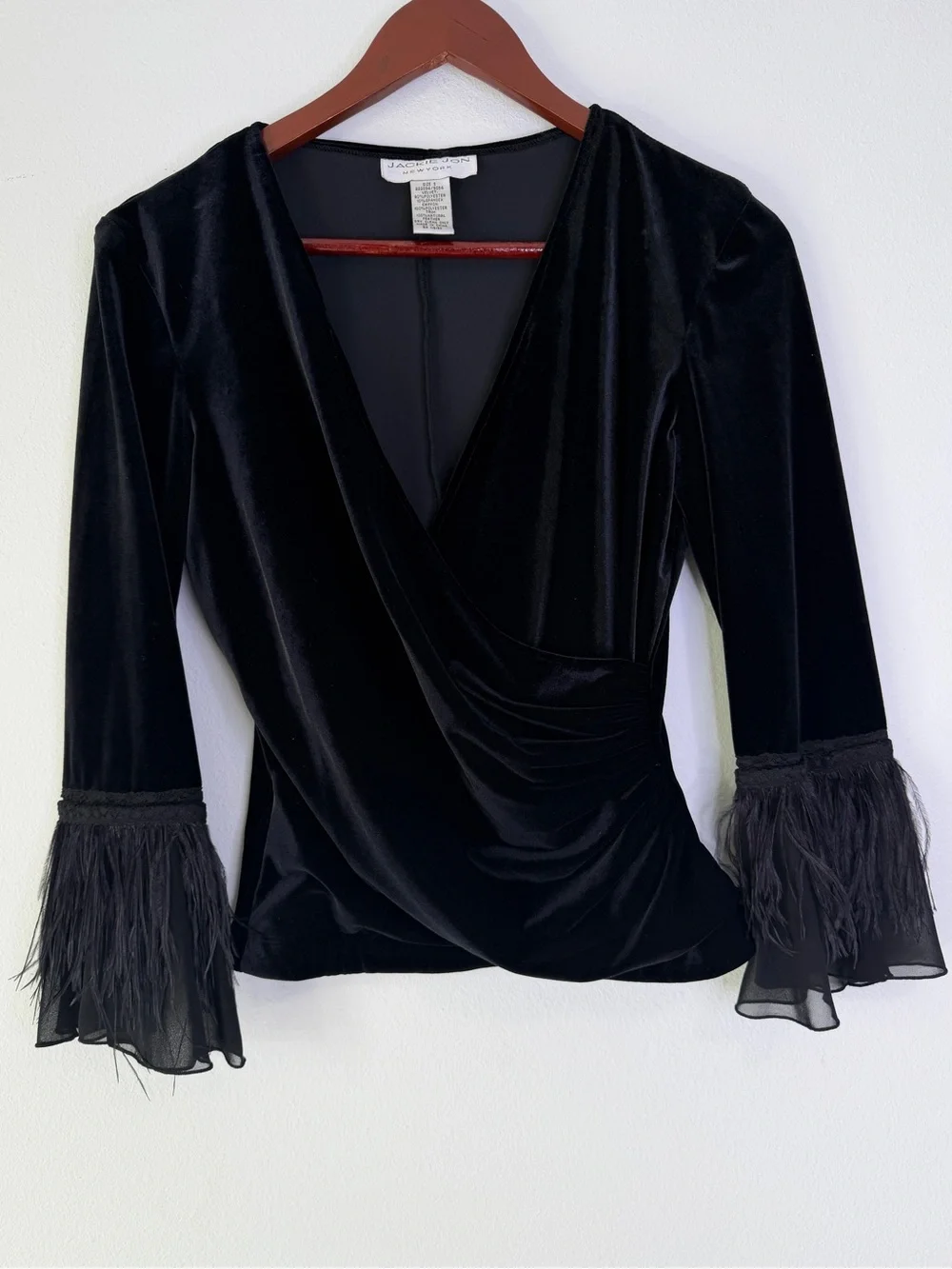 Vintage Jackie‎ Jon Black Velvet Faux Wrap Top Feather Trim Small Whimsigoth 90s